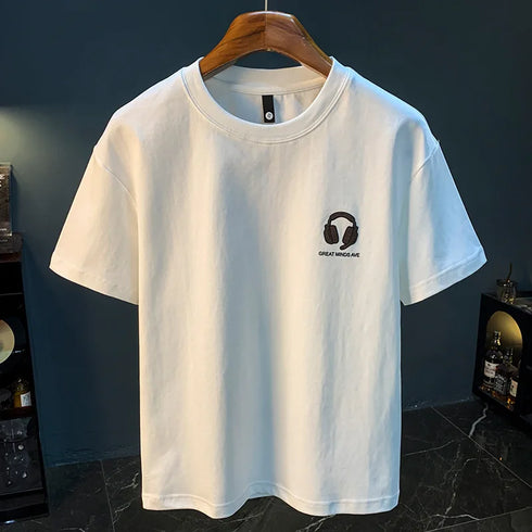 Premium Men's White Printed T-Shirt – High-End Loose Fit Short Sleeve Top